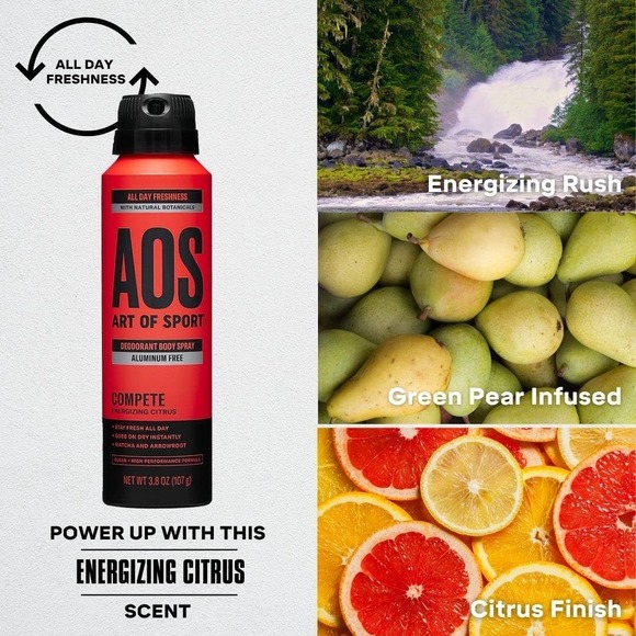 2 Pack Lot AOS Art of Sport Compete Deodorant Body Spray Energizing Citrus - Picture 2 of 6